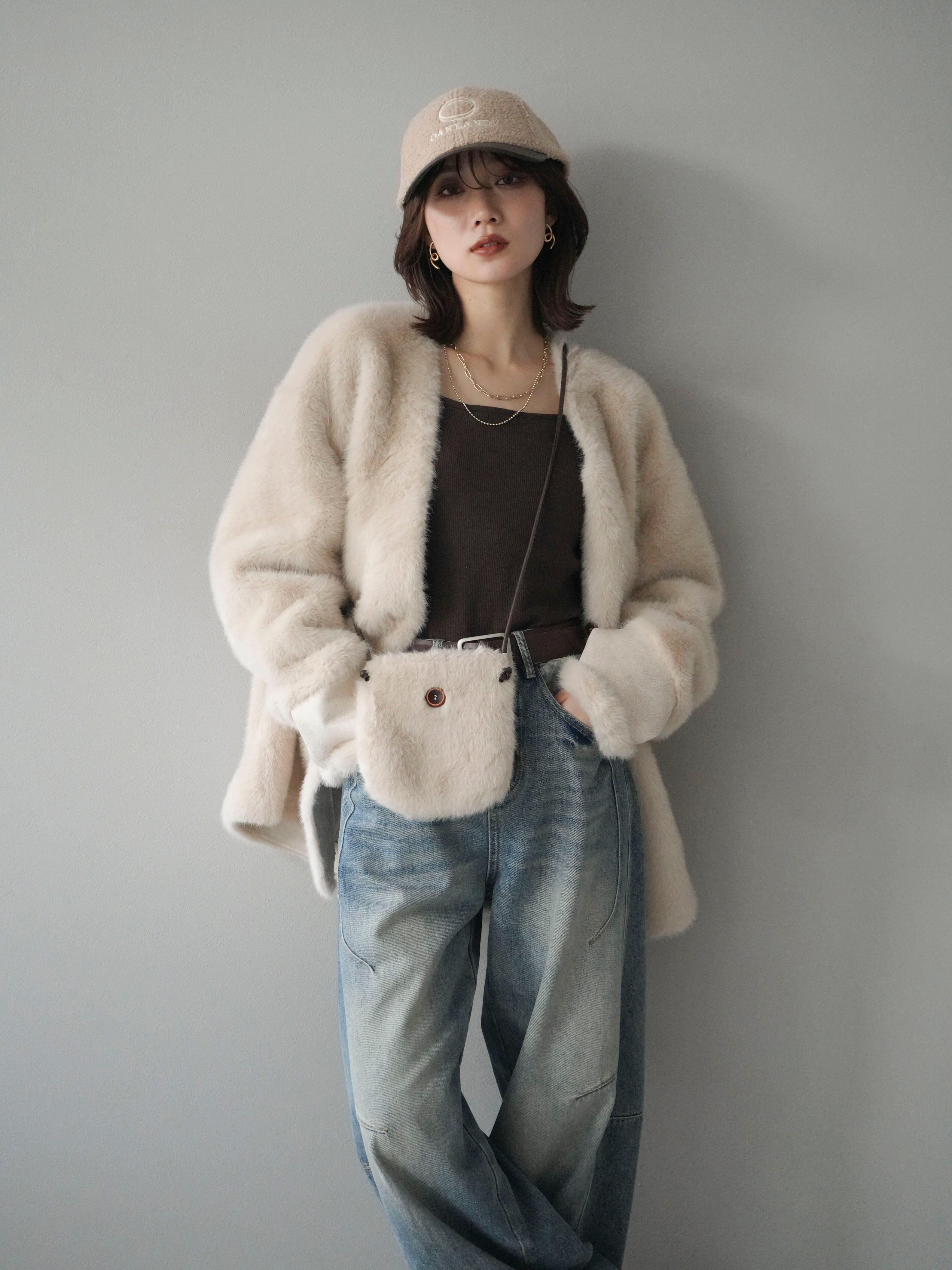 SET]バッグ付エコファーノーカラーコート+ベルト付カーブデニムパンツ