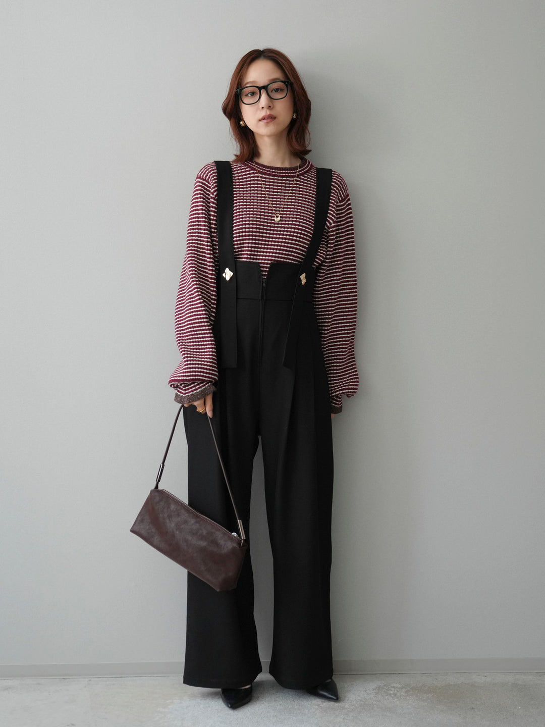 [SET]ラメ異素材ボーダーリブニットプルオーバー+ゴールドボタンサスペンダーワイドパンツ(2set)