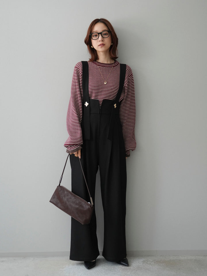 [SET]ラメ異素材ボーダーリブニットプルオーバー+ゴールドボタンサスペンダーワイドパンツ(2set)
