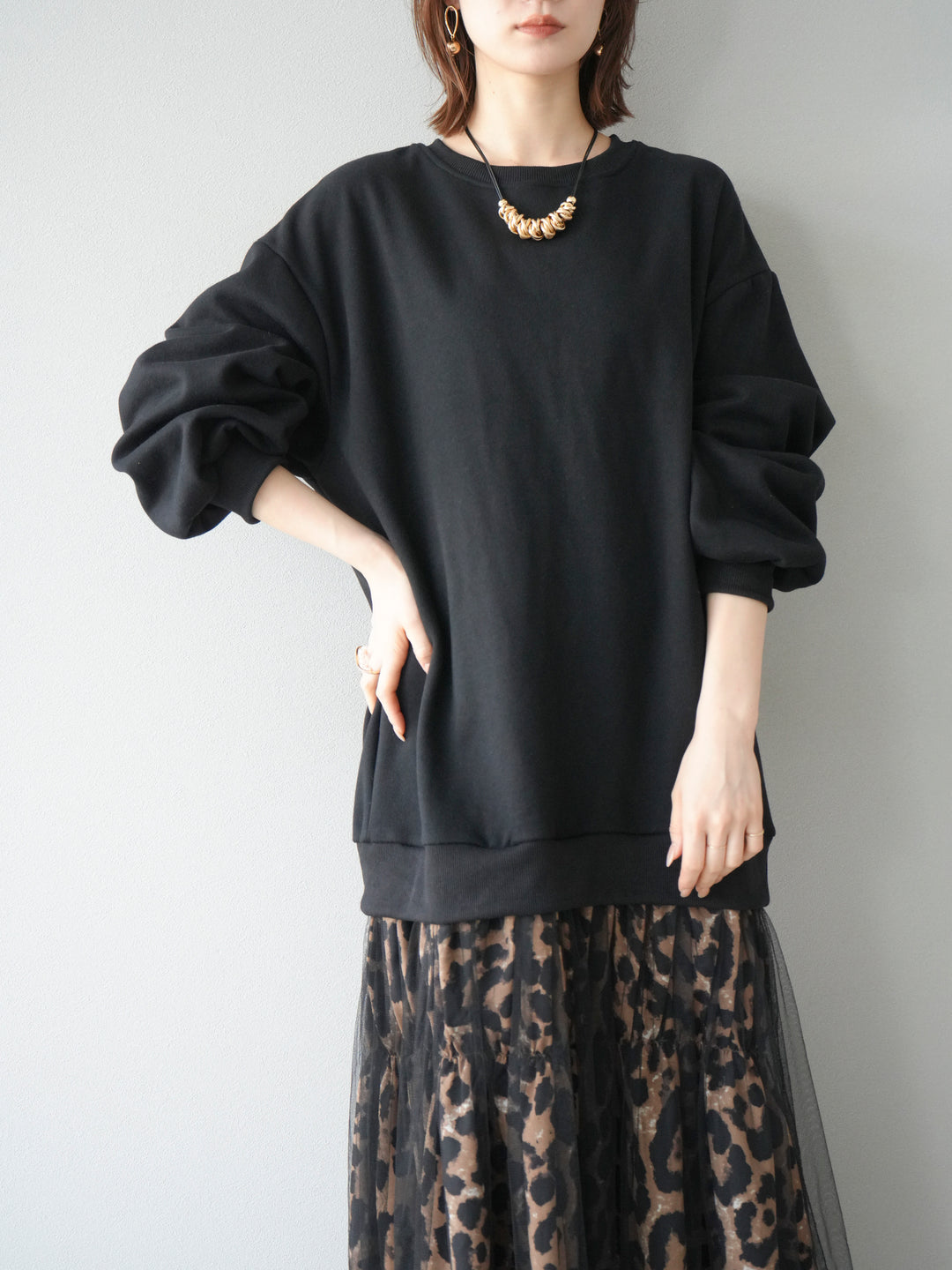[予約]スウェットドッキングアニマル柄レイヤードワンピース/ブラック