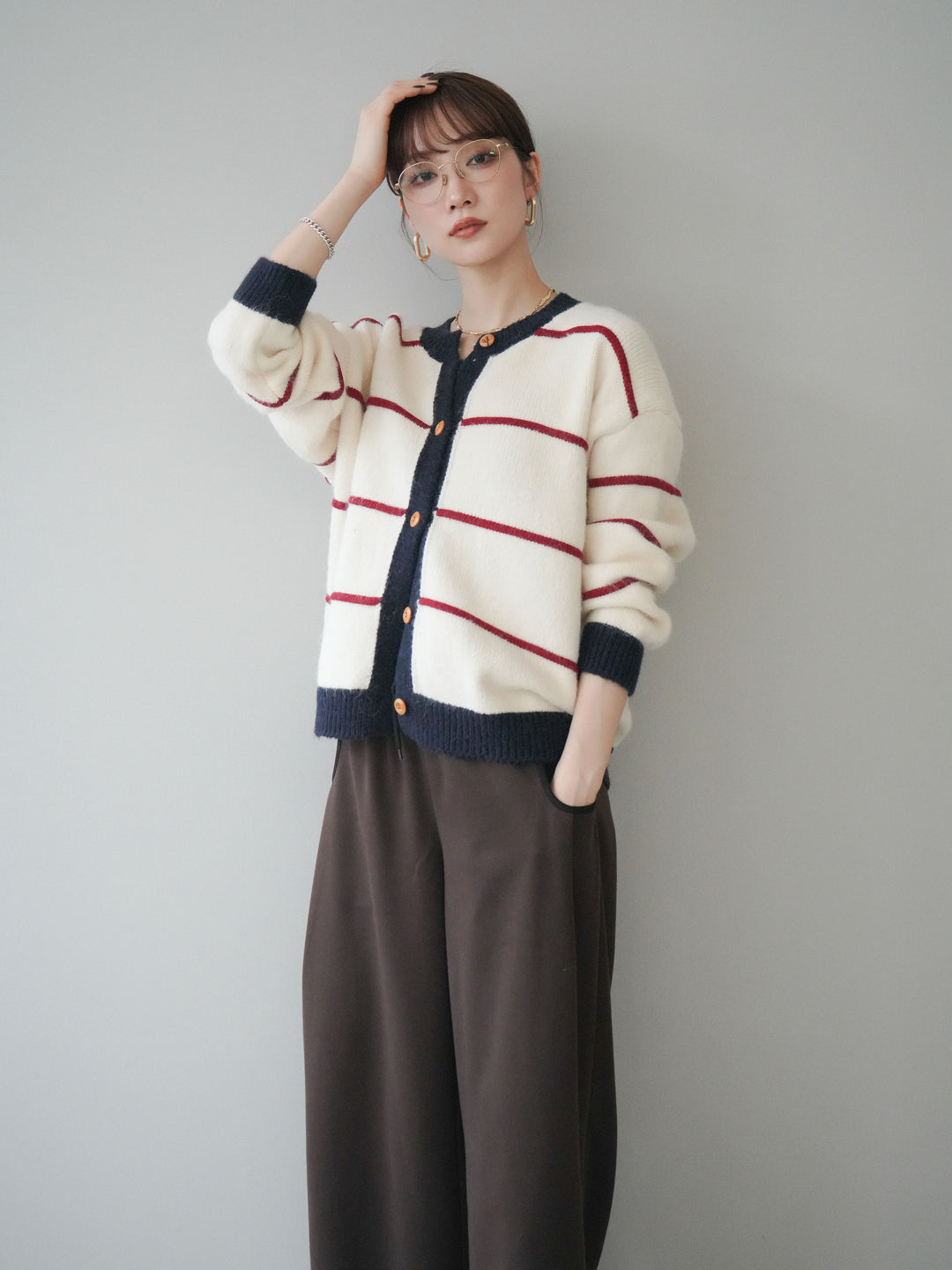 [予約]配色ボーダーニットカーディガン/red