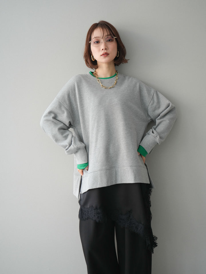 [SET]配色レイヤードデザインスエットプルオーバー+アシンメトリーサテンレースキャミソール(2set)