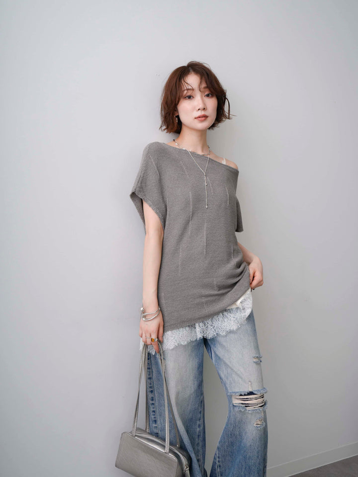 [予約]スラッシュ加工フレンチニットトップス/gray