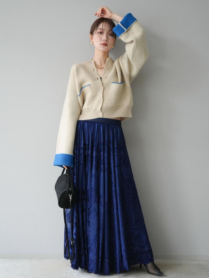 [SET]バイカラーオーバーニットカーディガン+アンティーク柄フロッキーマキシスカート(2set)