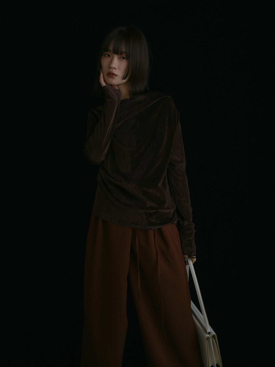 【Allure】[SET]シアーベロアタックデザイントップス+ラップデザインタックワイドパンツ(2set)