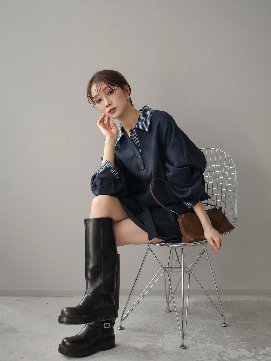 [予約]チェック襟xスエットミニワンピース/blue