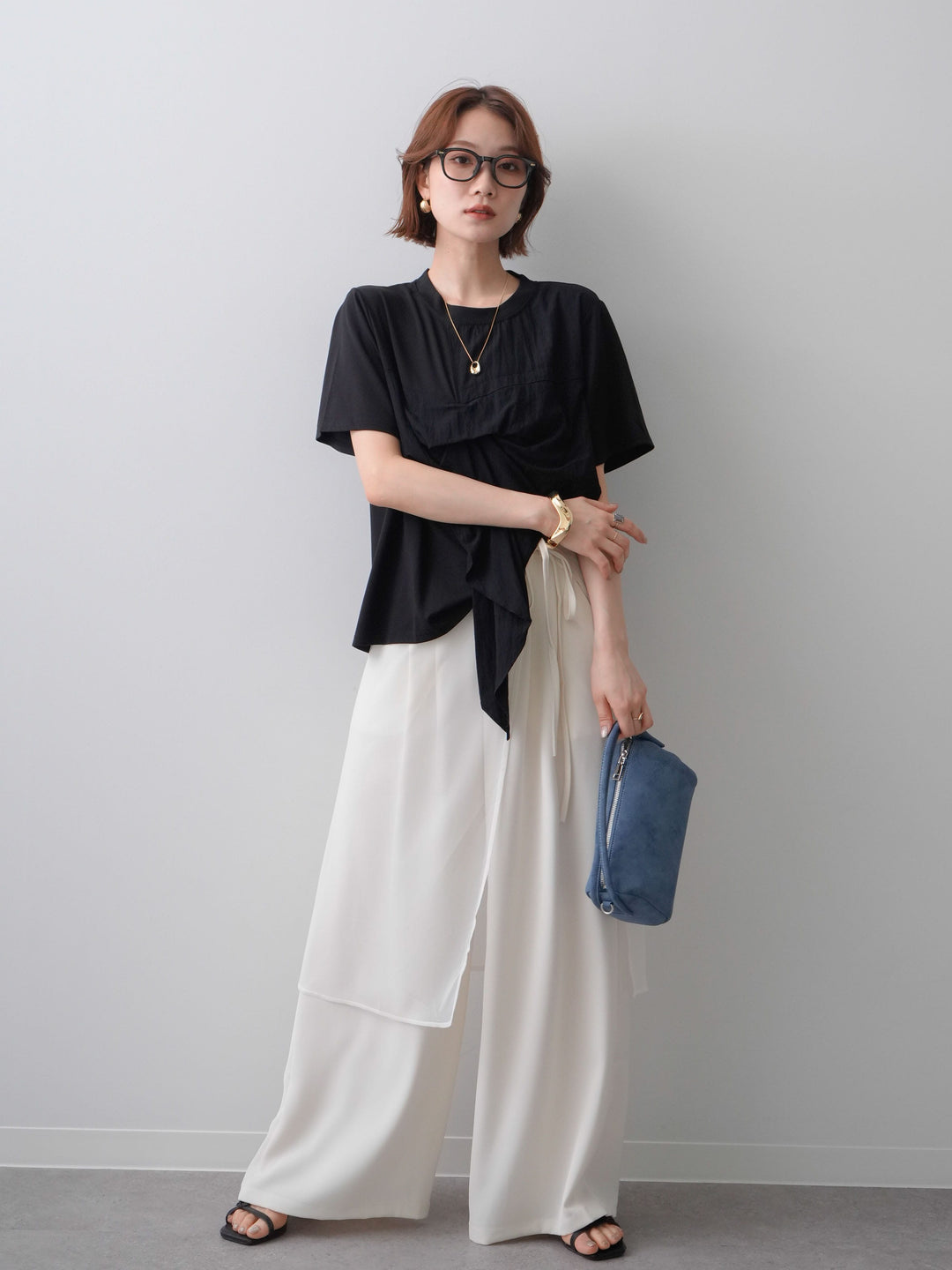 [SET]ラッフルドッキングTEE+シアーエプロン付ドレープタックワイドパンツ(2set)