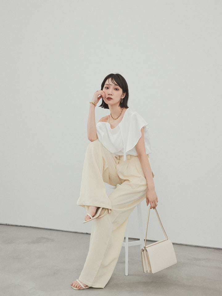 [SET]ワンショルラッフルブラウス+リネンタッチタックワイドパンツ (2set)