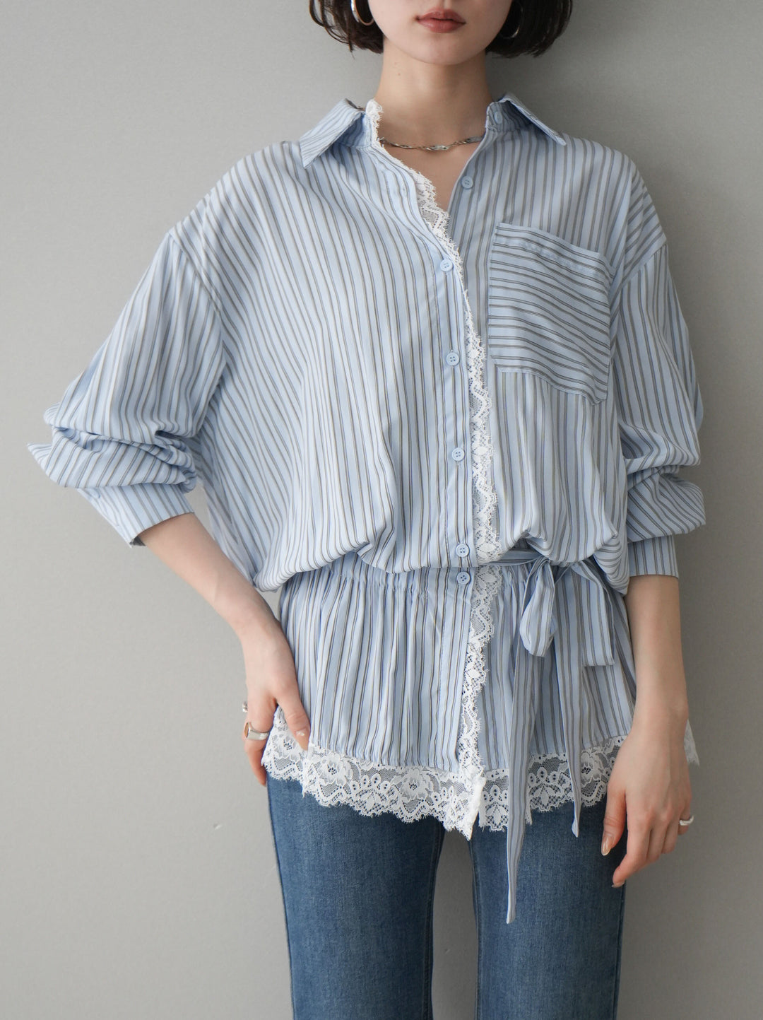 [SET]レース付ストライプウエストギャザーシャツ+フリンジデザインセミフレアデニム(2set)