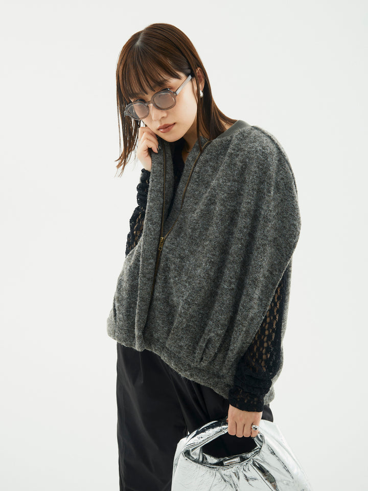 【Allure】[SET]ウール混コクーンブルゾン+タフタワイドカーブパンツ+バックラウンドレーストップス(3set)