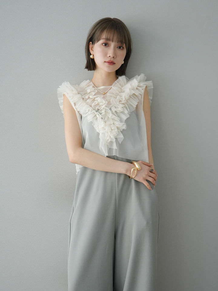 [預訂] 薄紗荷葉邊背心 x 連身套裝/灰色