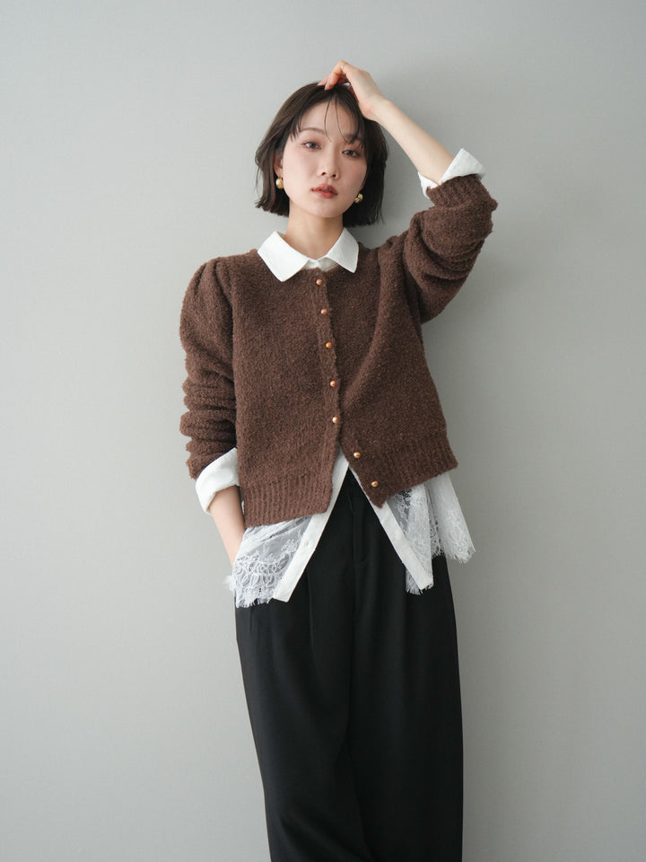 [SET]ゴールドボタンブークレニットカーディガン+総レースボリュームスリーブシャツ(2set)