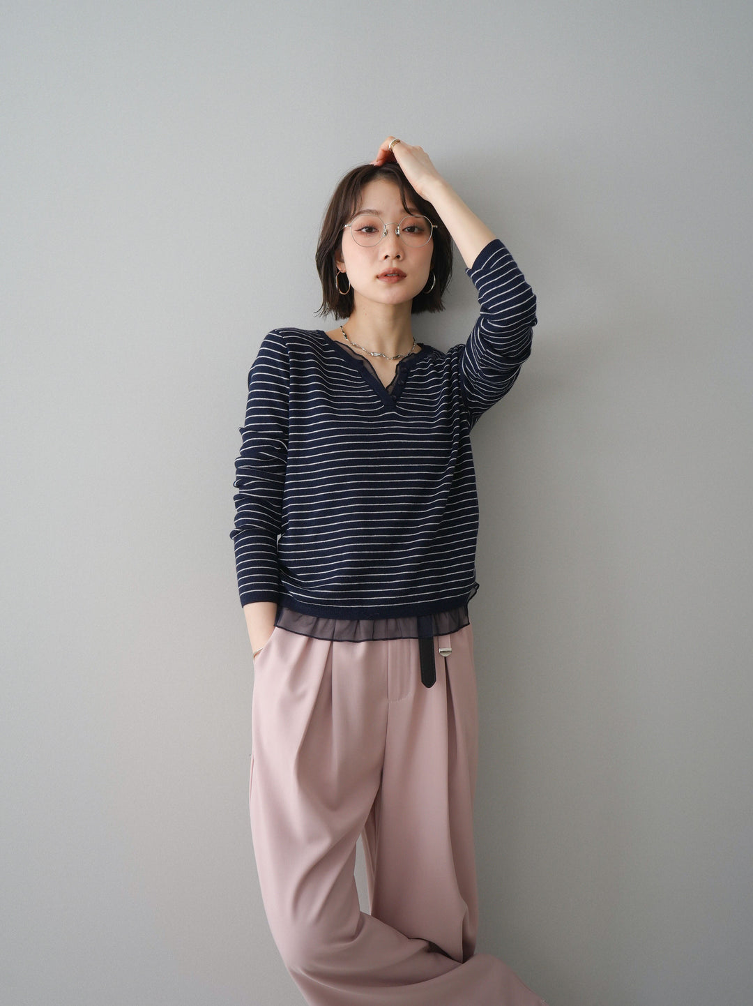 [SET]チュールレイヤードデザインボーダーニットトップス+チュールレイヤードデザインボーダーニットトップス(2set)