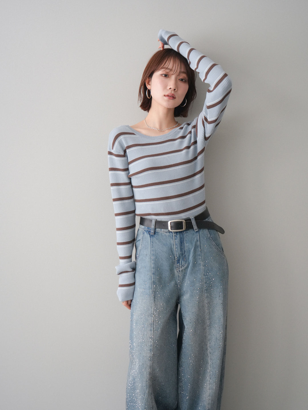 [予約]バックオープンテレコリブマルチボーダートップス/blue