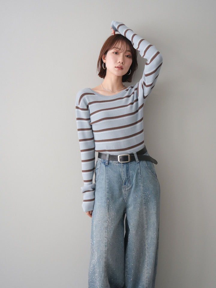 [予約]バックオープンテレコリブマルチボーダートップス/blue