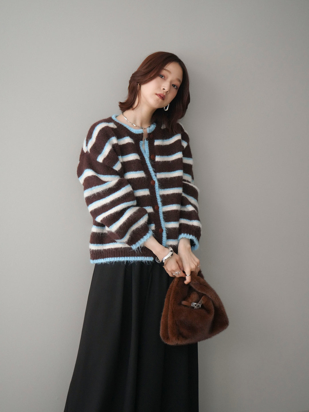 [SET]ウールタッチ配色ボーダーニットカーディガン+テープベルトタックバギーパンツ(2set)