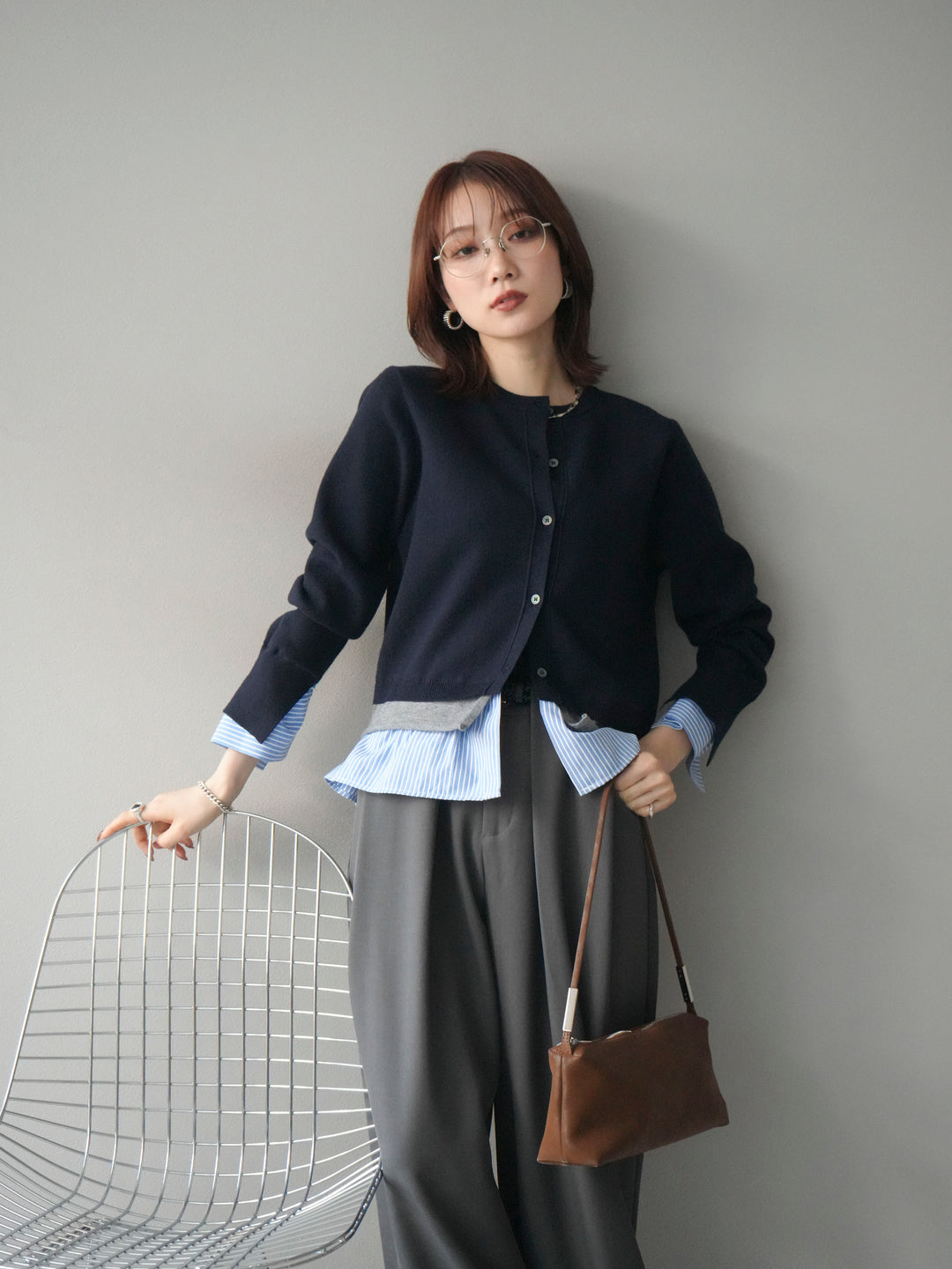 [SET]シャツ襟レイヤードニットカーディガン+ベルトループデザインワイドパンツ(2set)