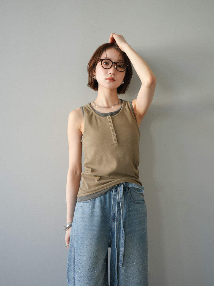 [SET]配色リブヘンリータンクトップ+ウエストベルトビジューワイドデニムパンツ(2set)