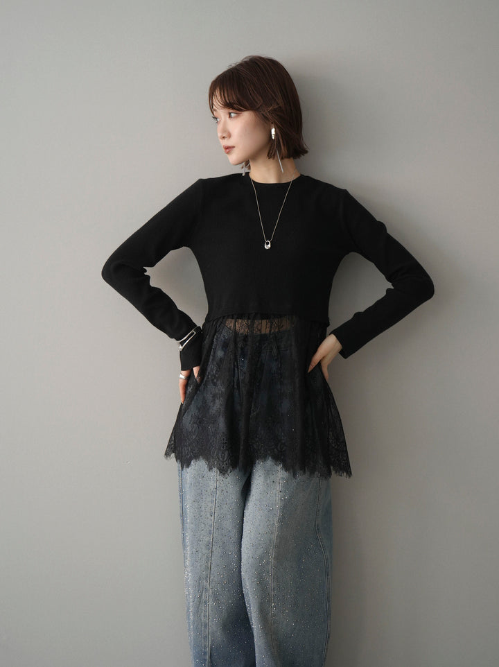 [予約]クルーネックレースドッキングリブニットトップス/black