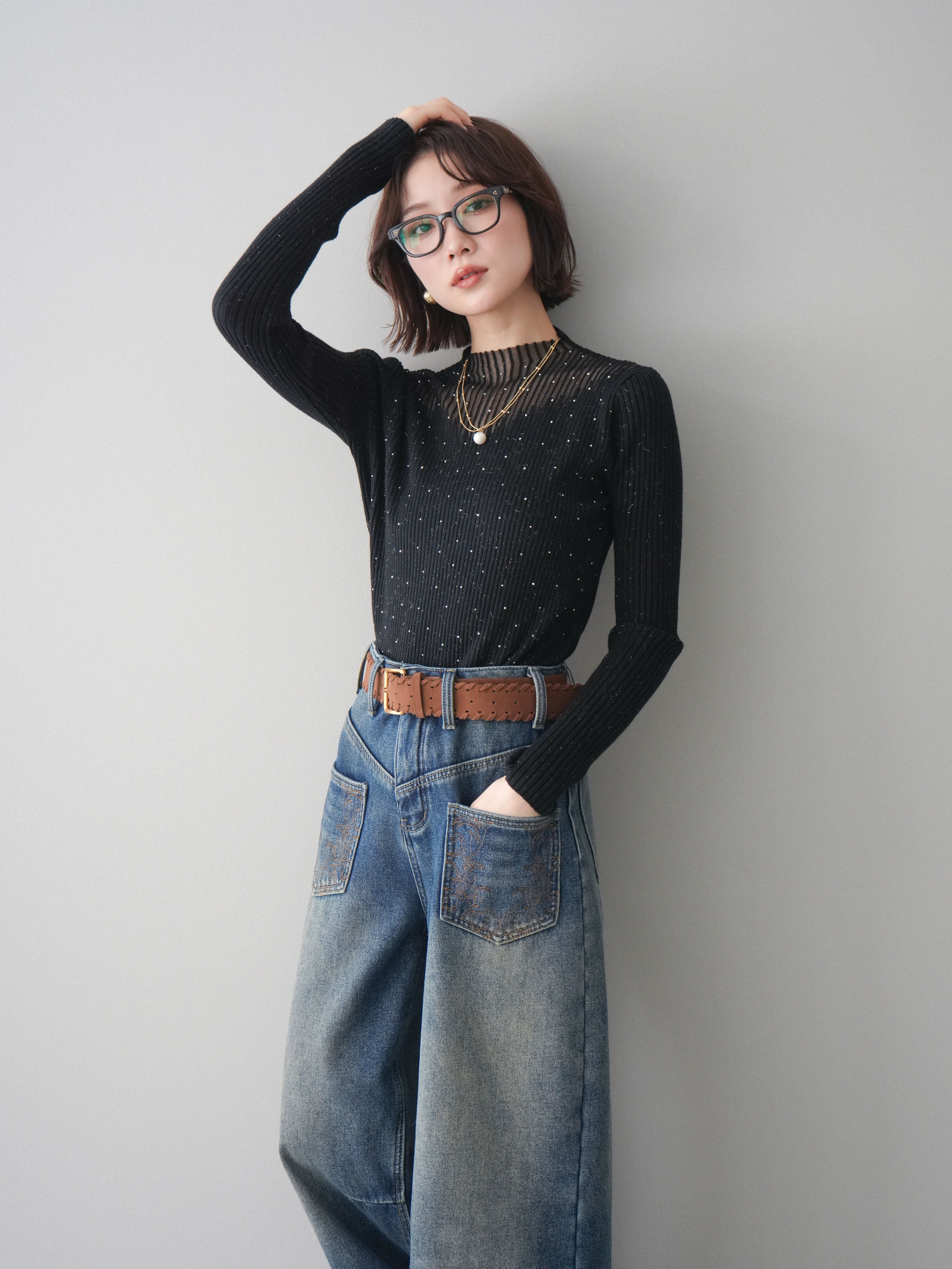 【セット】Lumier スパンコールリブニット デザインハイウエストワイドパンツ SET]シアー切替スパンコールリブニットトップス+デザインハイウエスト