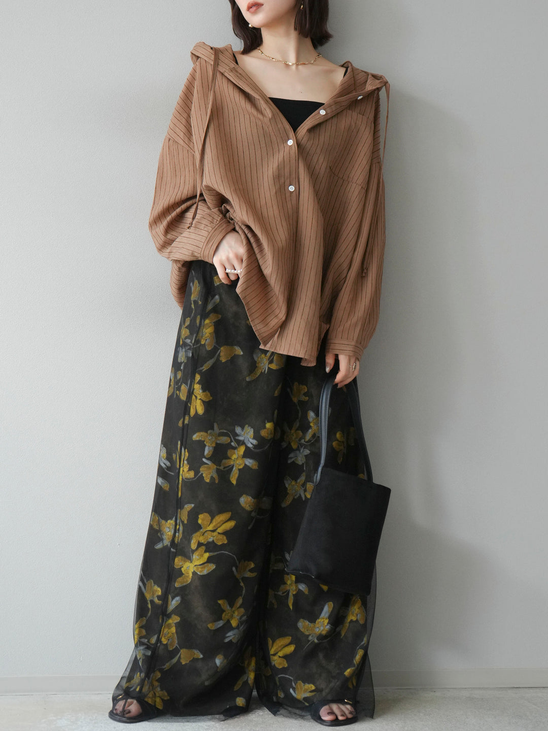 [予約]ワッシャーストライプフーディーシャツ/ブラウン