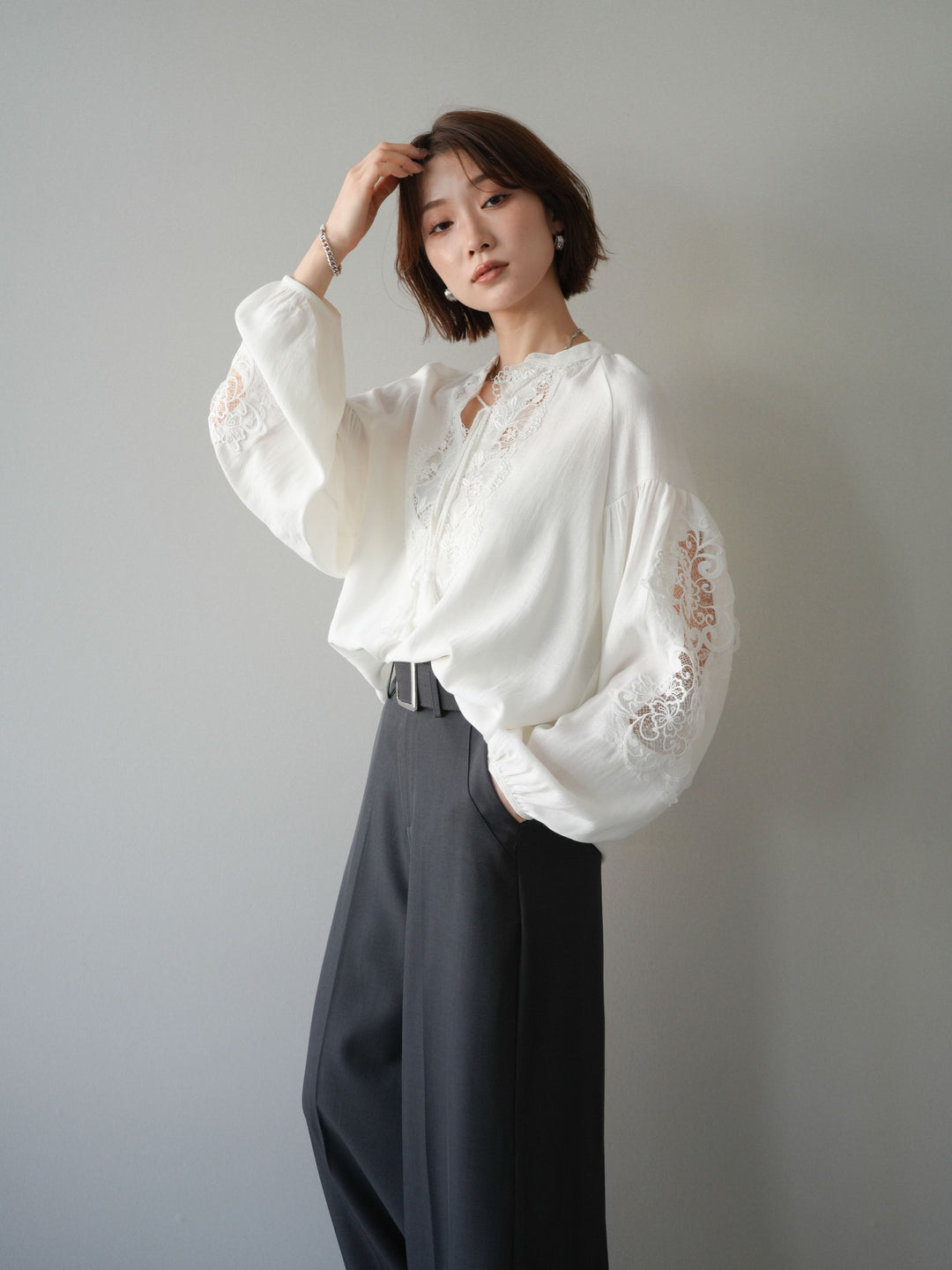 [予約]レーススリーブスキッパーブラウス/white