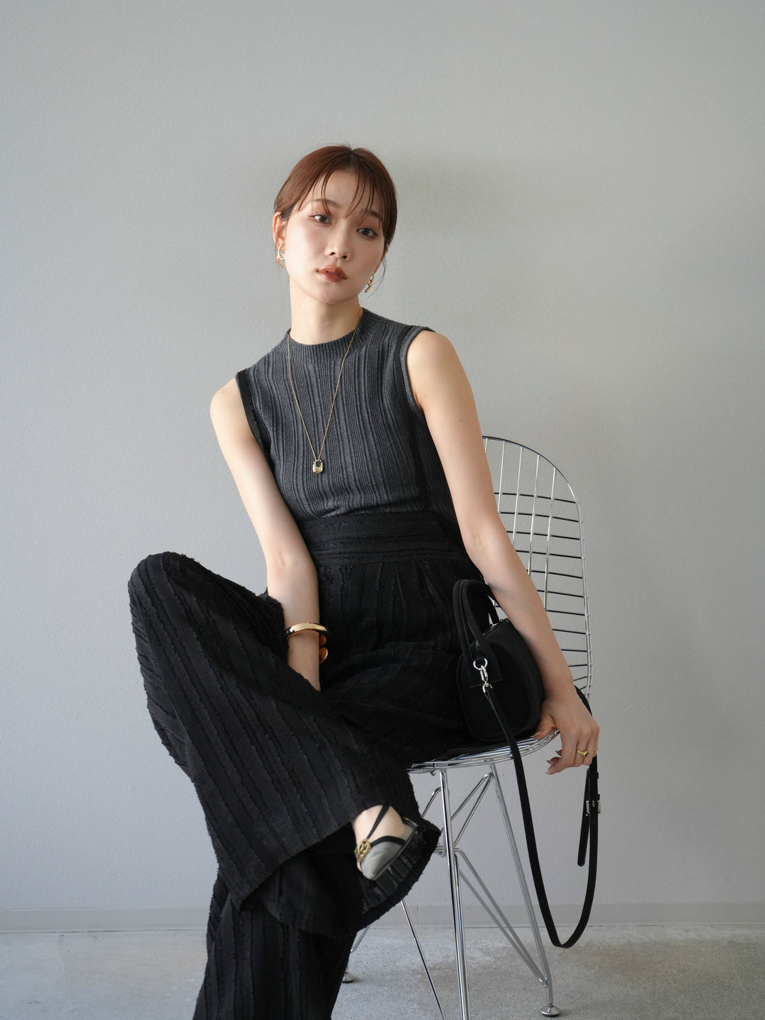 [予約]ジャガードストライプサロペット/ブラック