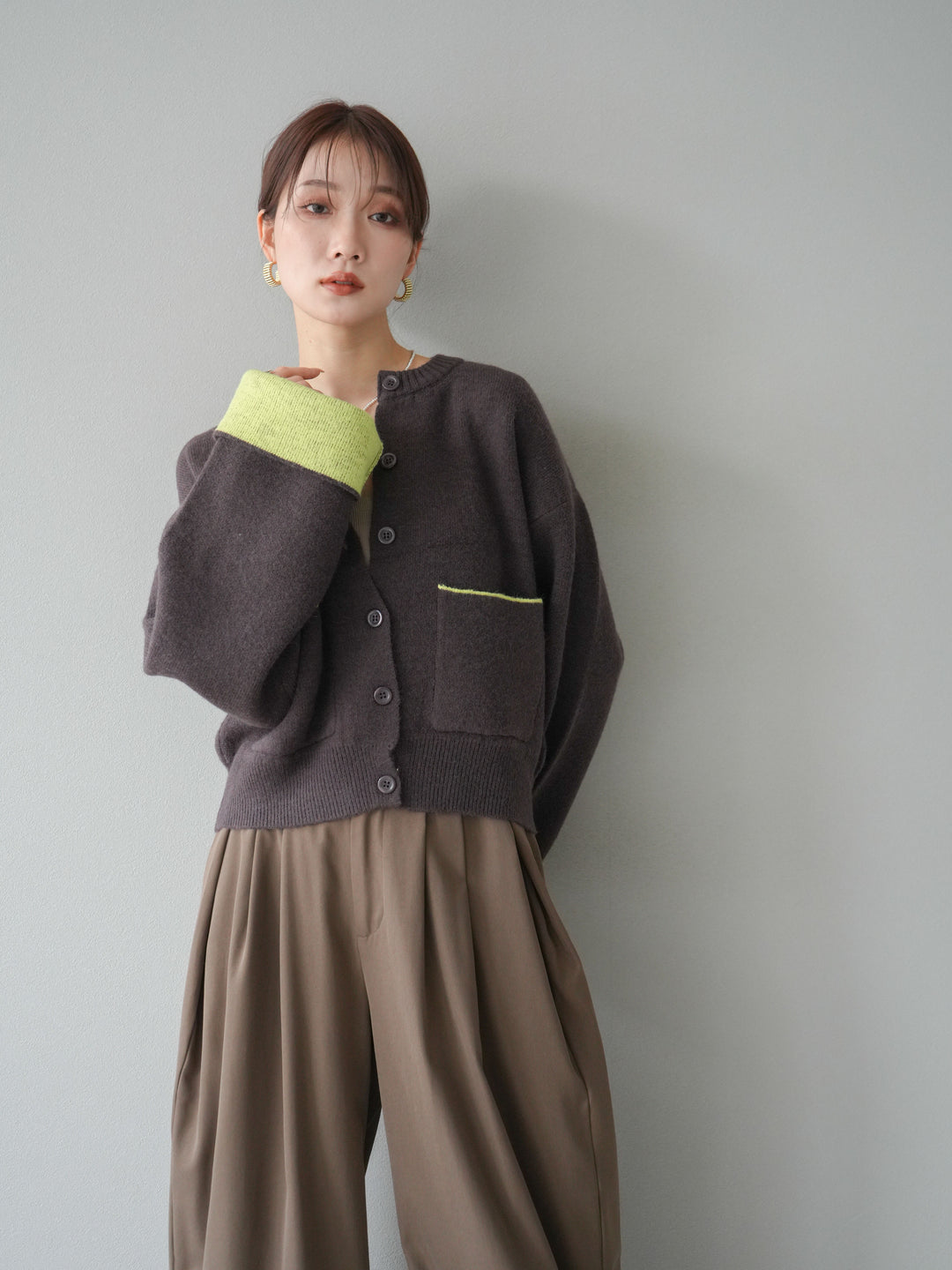 【SET】雙色針織開襟衫+褶襉設計寬褲（2套）