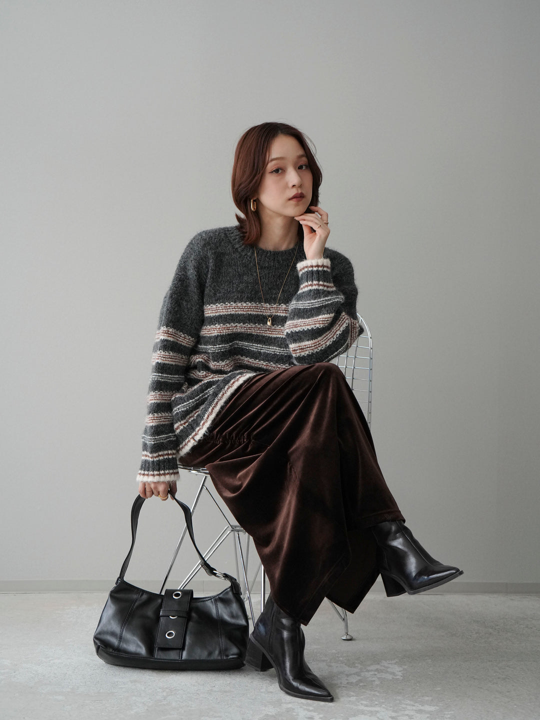 [SET]ステッチボーダーニットプルオーバー+ギャザーベロアスカート(2set)