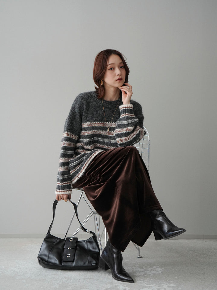 [SET]ステッチボーダーニットプルオーバー+ギャザーベロアスカート(2set)