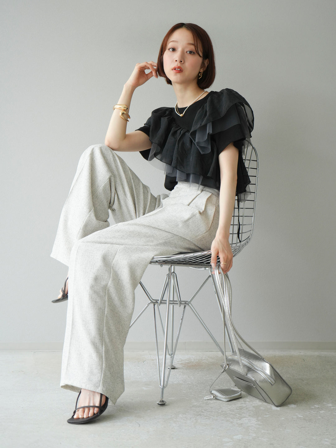 [予約]アシメフリルドッキングカットソー/ブラック