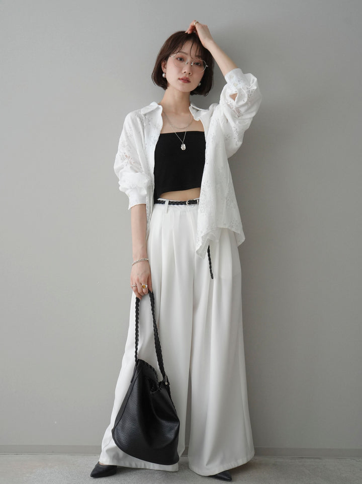 [予約]編み込みベルト付タックワイドパンツ/white