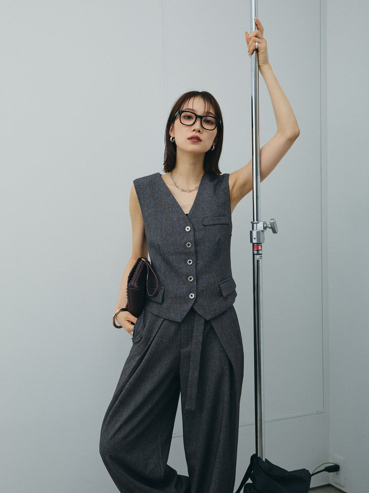 [SET]フラワーモチーフレースアップジレ＆ベルト付ワイドパンツSET UP(2set)