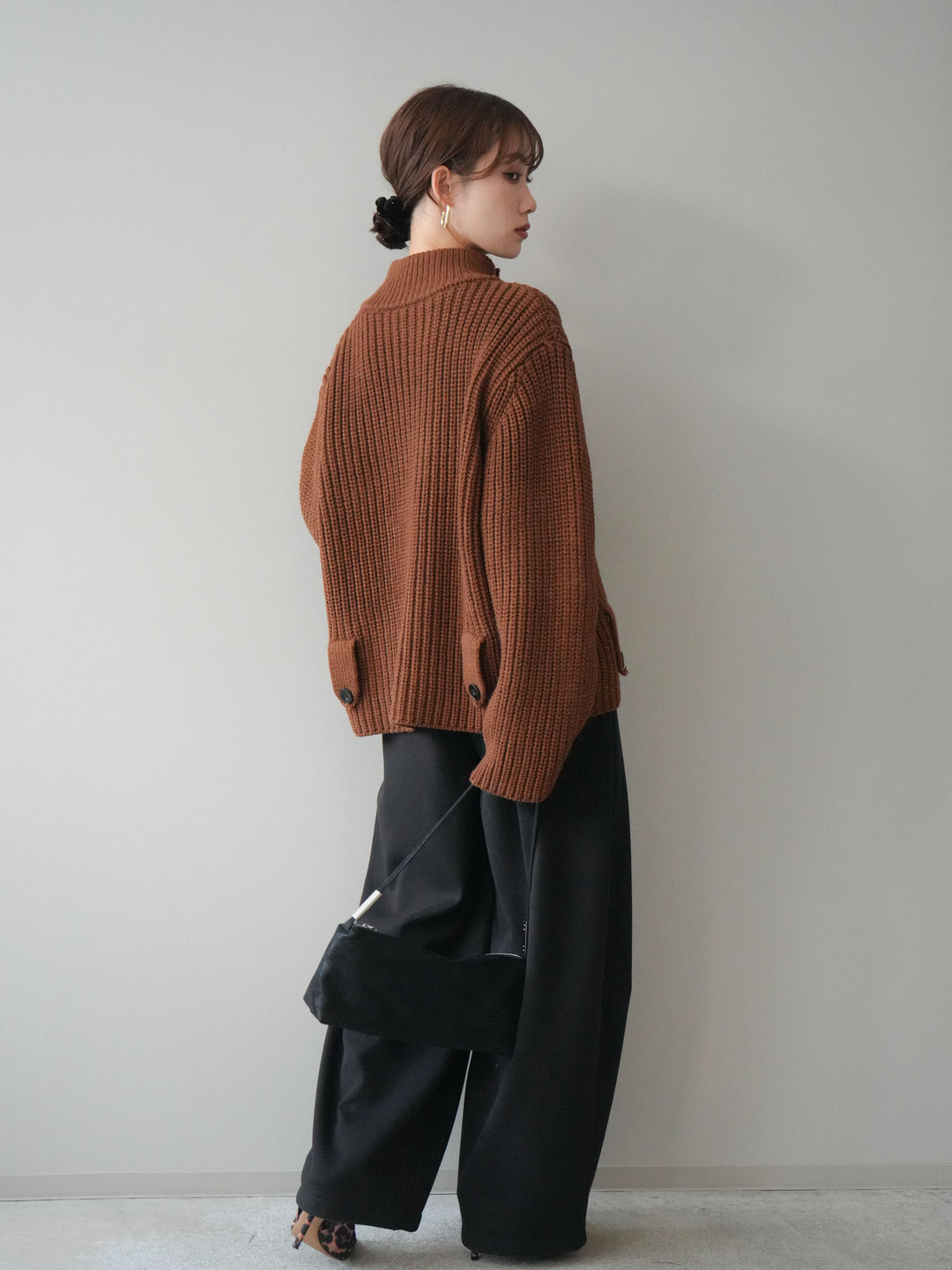 [SET]畦編みボトルネックZIPニットカーディガン+ベルト付裏起毛センターシームカーブパンツ(2set)