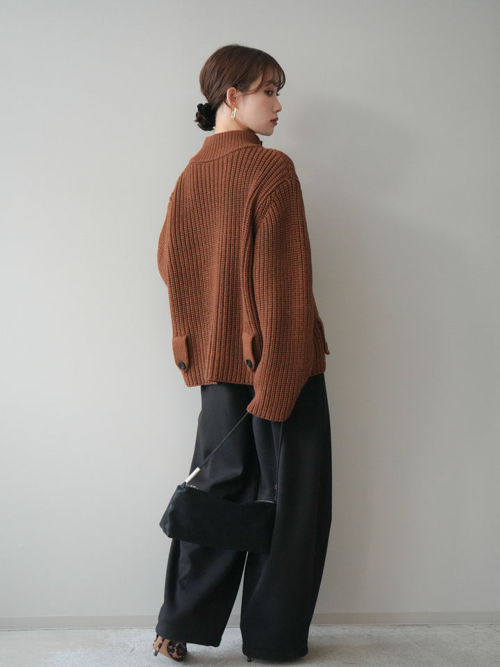 [SET]畦編みボトルネックZIPニットカーディガン+ベルト付裏起毛センターシームカーブパンツ(2set)