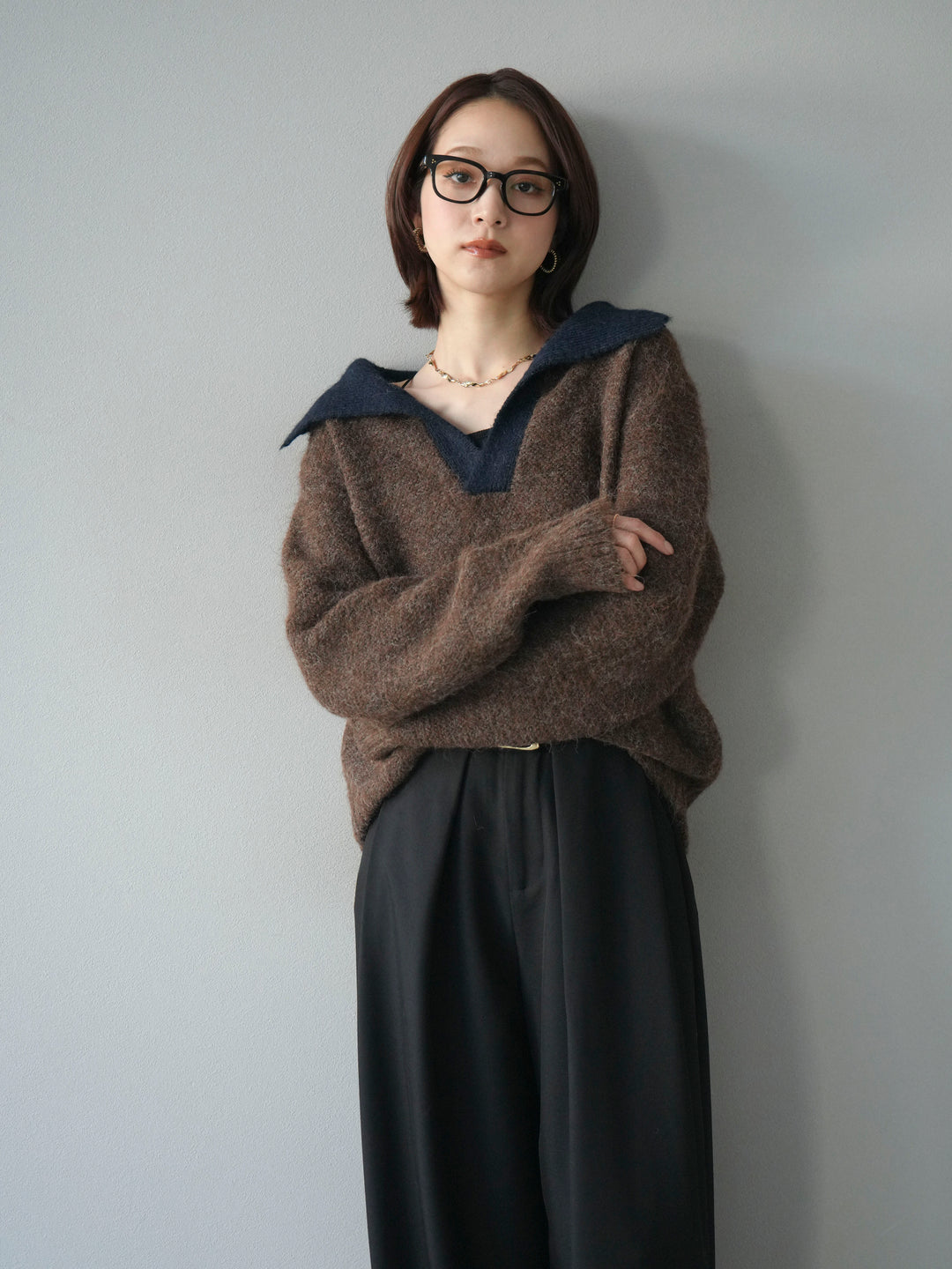 [SET]バイカラー襟付きニットプルオーバー+ベルトループデザインワイドパンツ(2set)