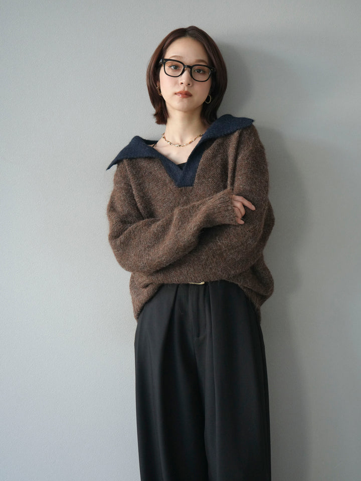 [SET]バイカラー襟付きニットプルオーバー+ベルトループデザインワイドパンツ(2set)