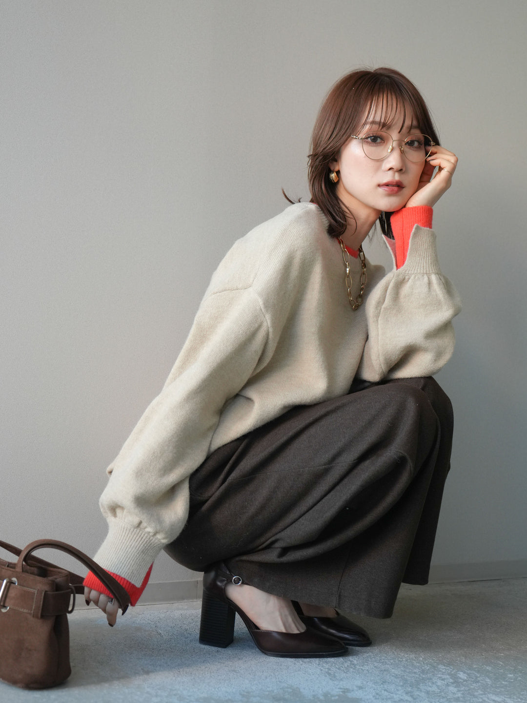 [SET]ヘンリーネック配色レイヤードニットプルオーバー+選べるアクセセット(2set)