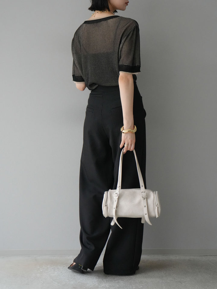 [SET]リネンタッチ配色二重臼ハーフニットトップス+ウエスト巻きデザインワイドパンツ(2set)