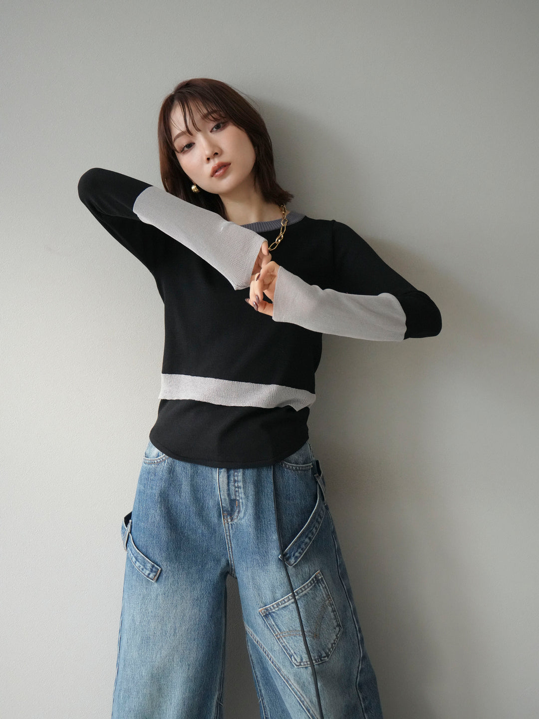 [予約]異素材配色デザインニットトップス/ブラック