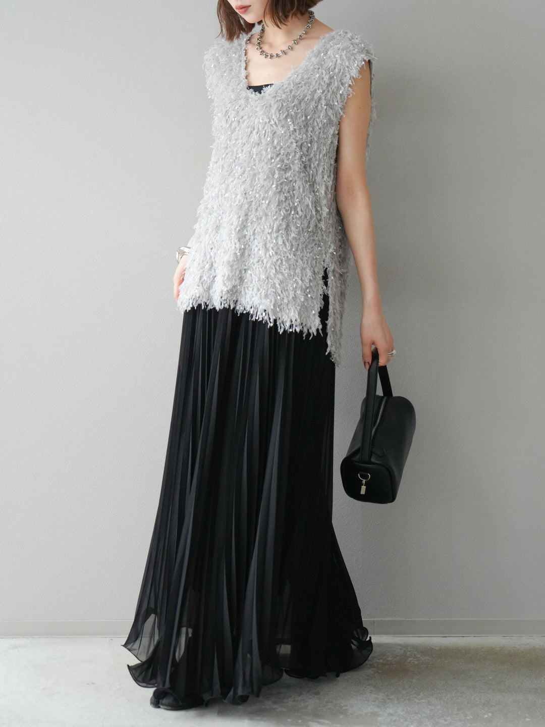 [予約]シフォンプリーツパイピングスカート/ブラック