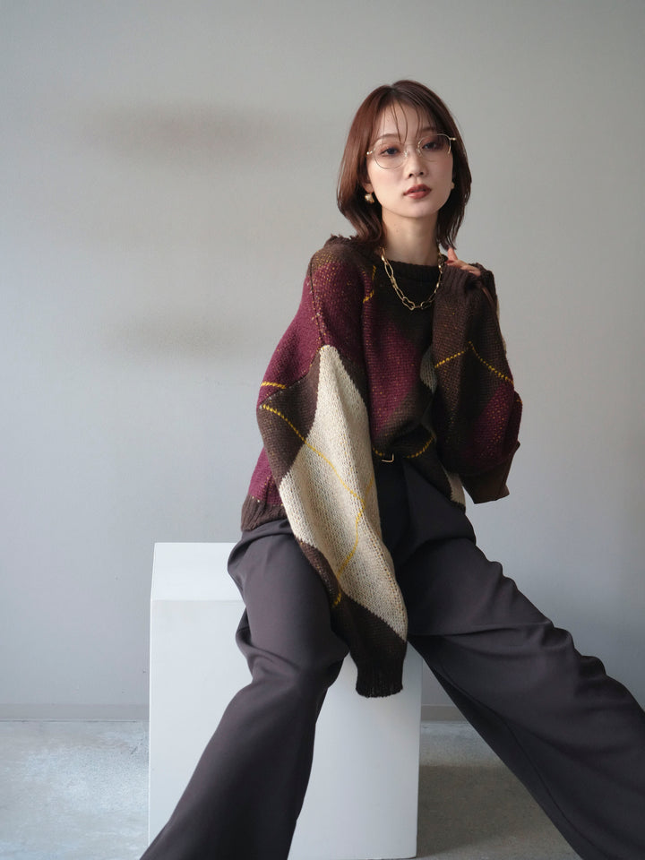 [予約]配色ステッチアーガイル柄ニットプルオーバー/brown