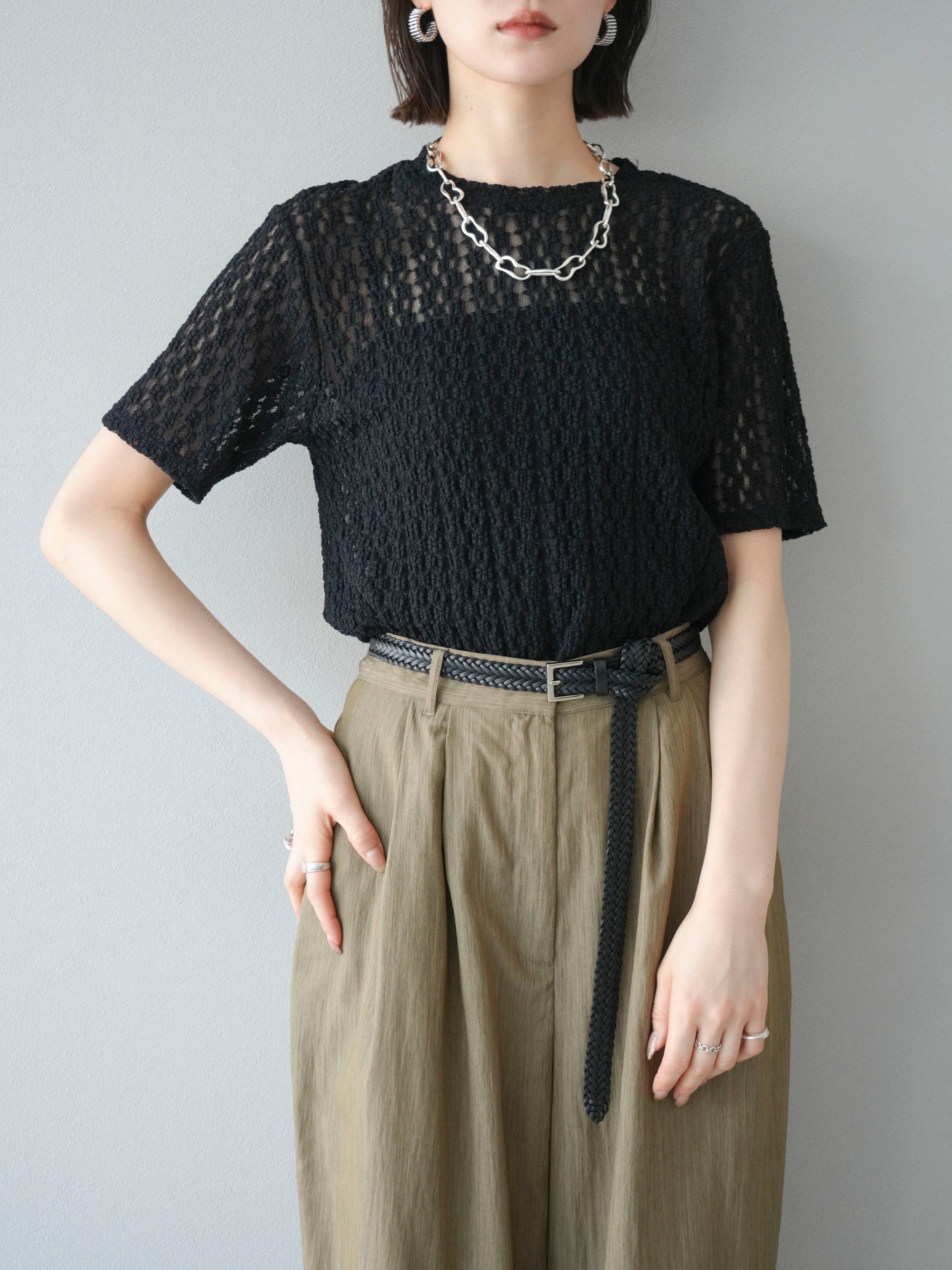 レースシャツ　ブラック レースレディース Lace Ladies 立ち襟レース 半袖ブラウス