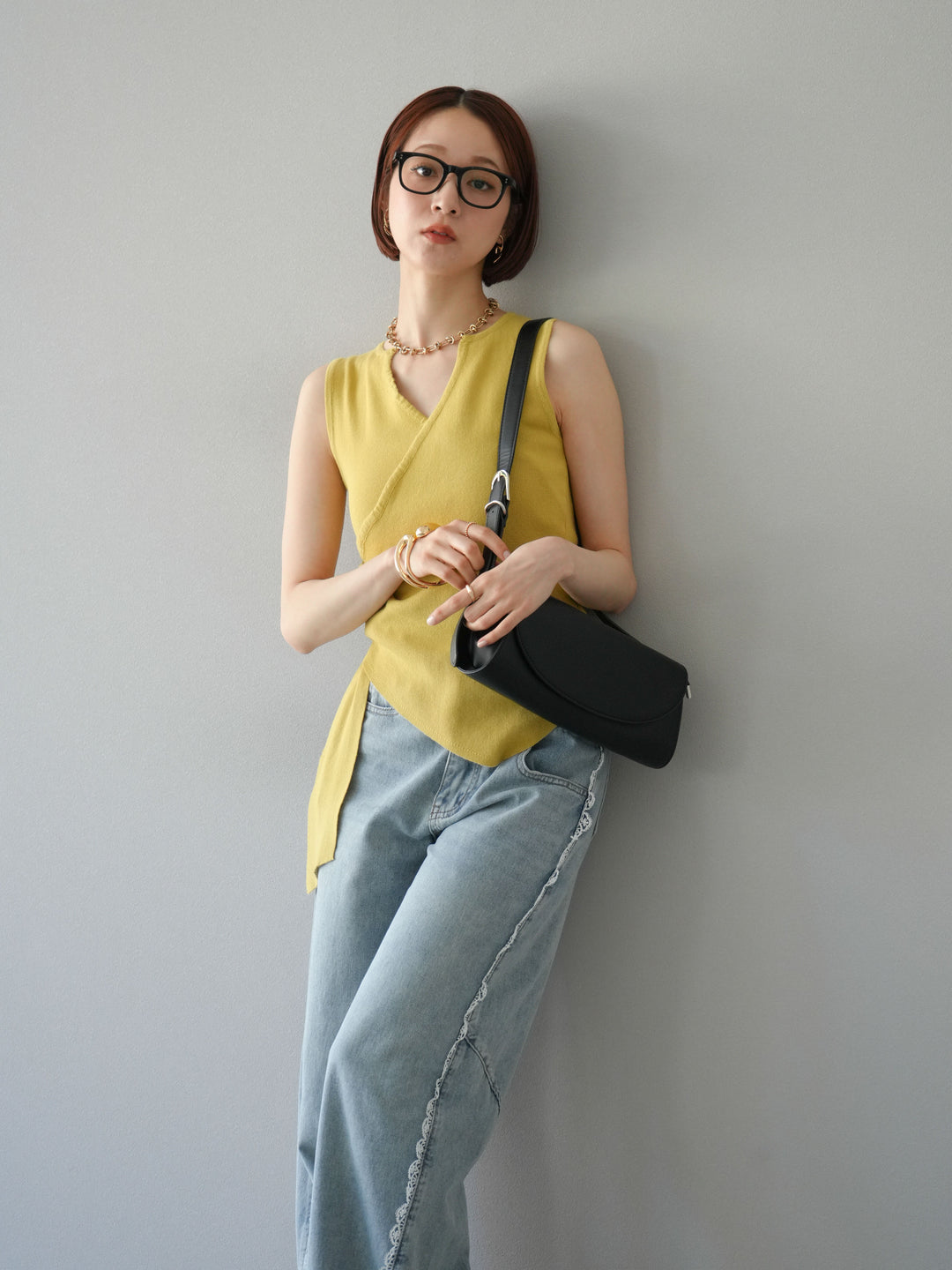 [SET]カシュクールノースリーブニットトップス+ラインレースデニムパンツ(2set)