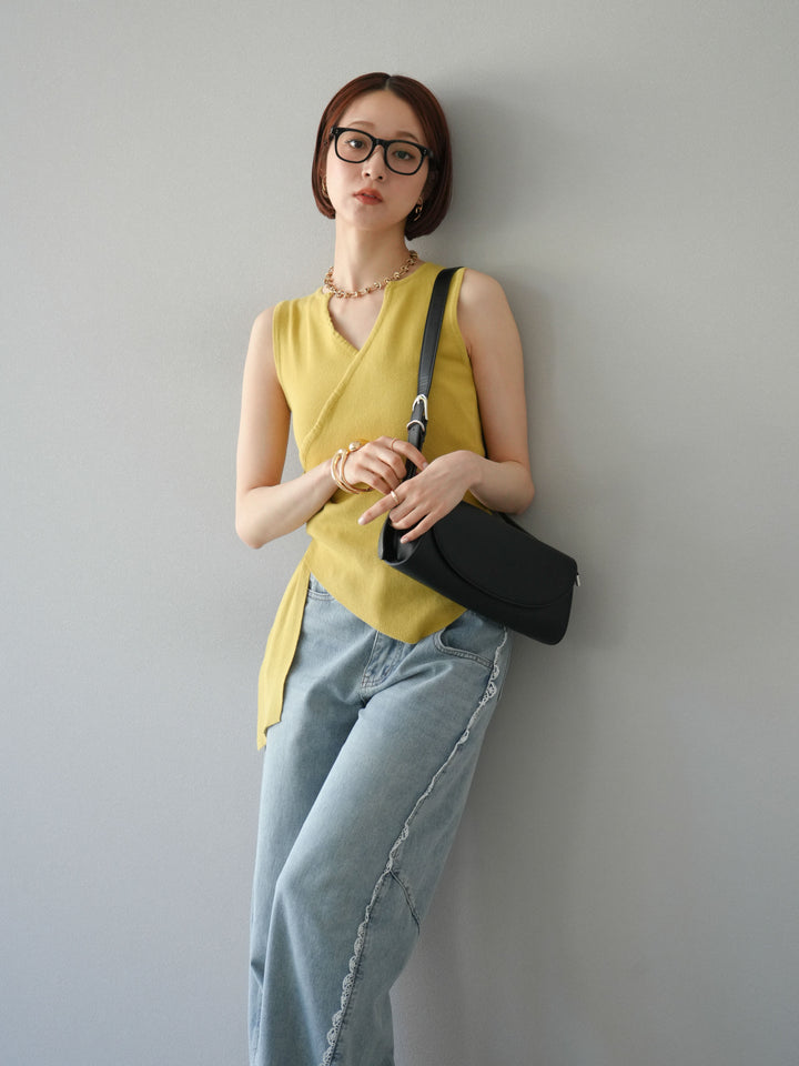 [SET]カシュクールノースリーブニットトップス+ラインレースデニムパンツ(2set)