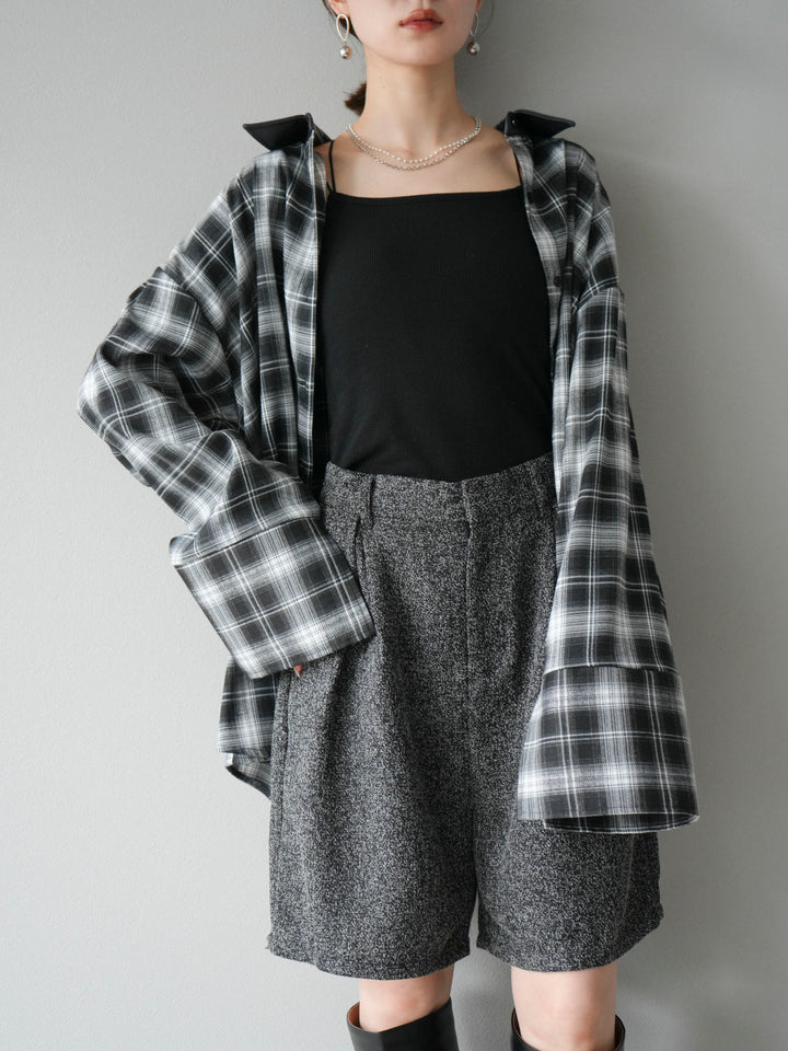 【着回しセット】[SET]レザー襟オンブレチェックオーバーシャツ +クラッシュベロアナロースカート+ツイードハーフパンツ(3set)