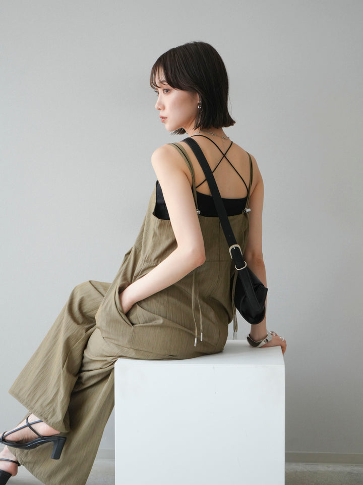 [SET]リネンライクビスチェデザインサロペット+ダブルストラップカットリブブラキャミソール(2set)