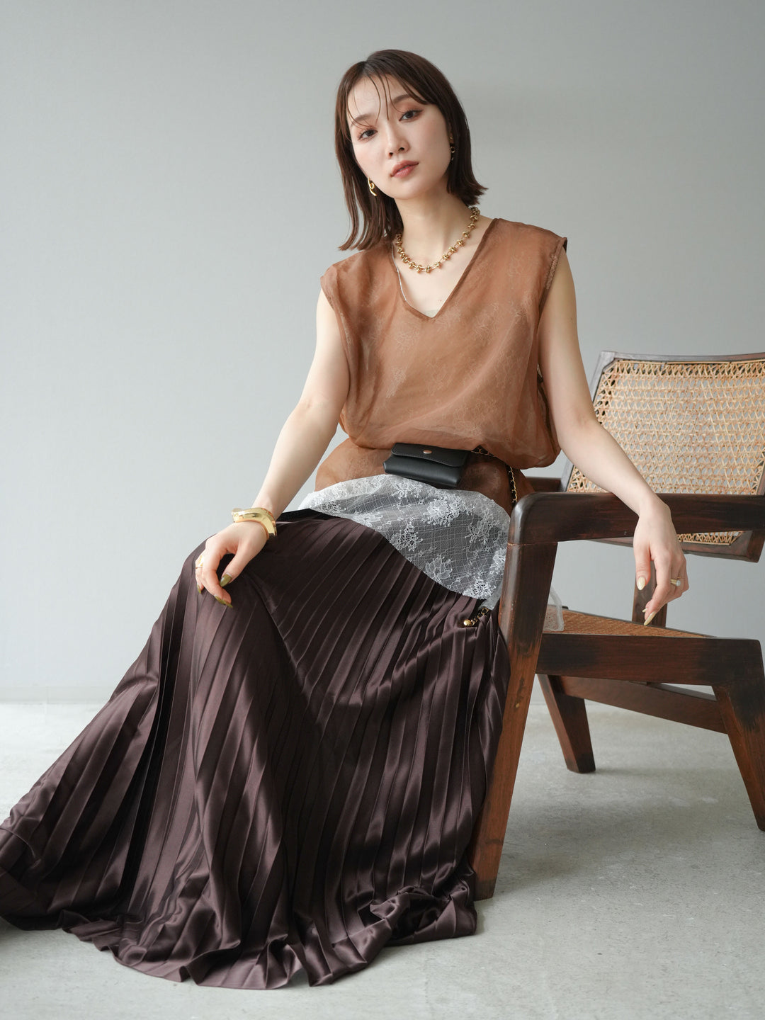 [予約]レースレイヤードオーガンジートップス/ブラウン