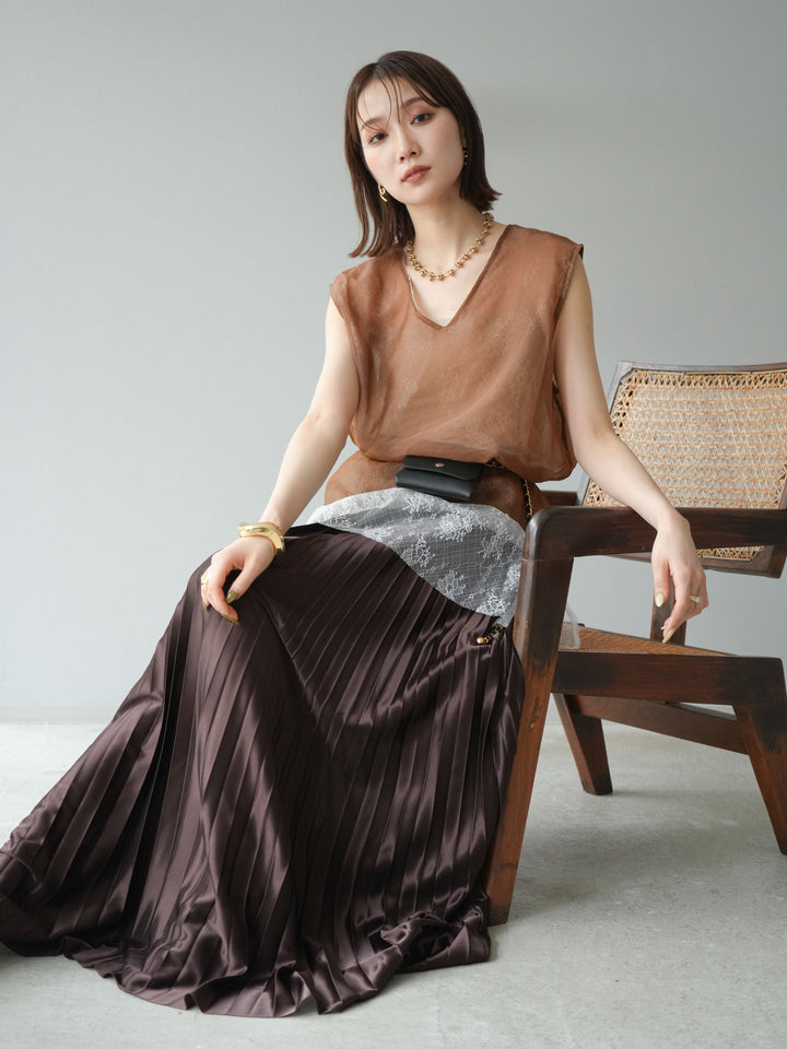 [予約]レースレイヤードオーガンジートップス/ブラウン