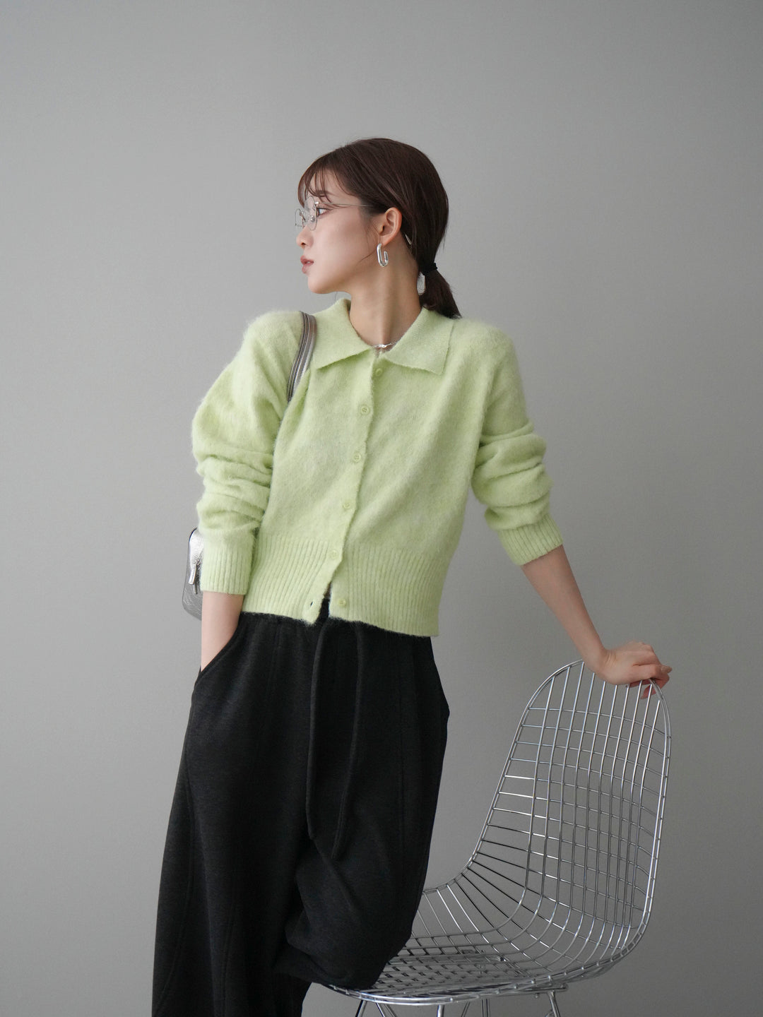 [予約]モヘア衿付きボタンプルオーバー/lime